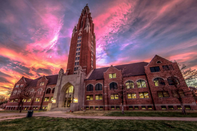 Oklahoma City University campus tower at sunset